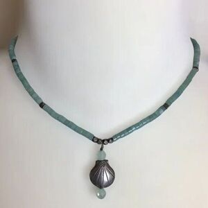 Beaded Necklace Aventurine Heishi Beads Discs Silver Tone Shell Pendant 19 Inch